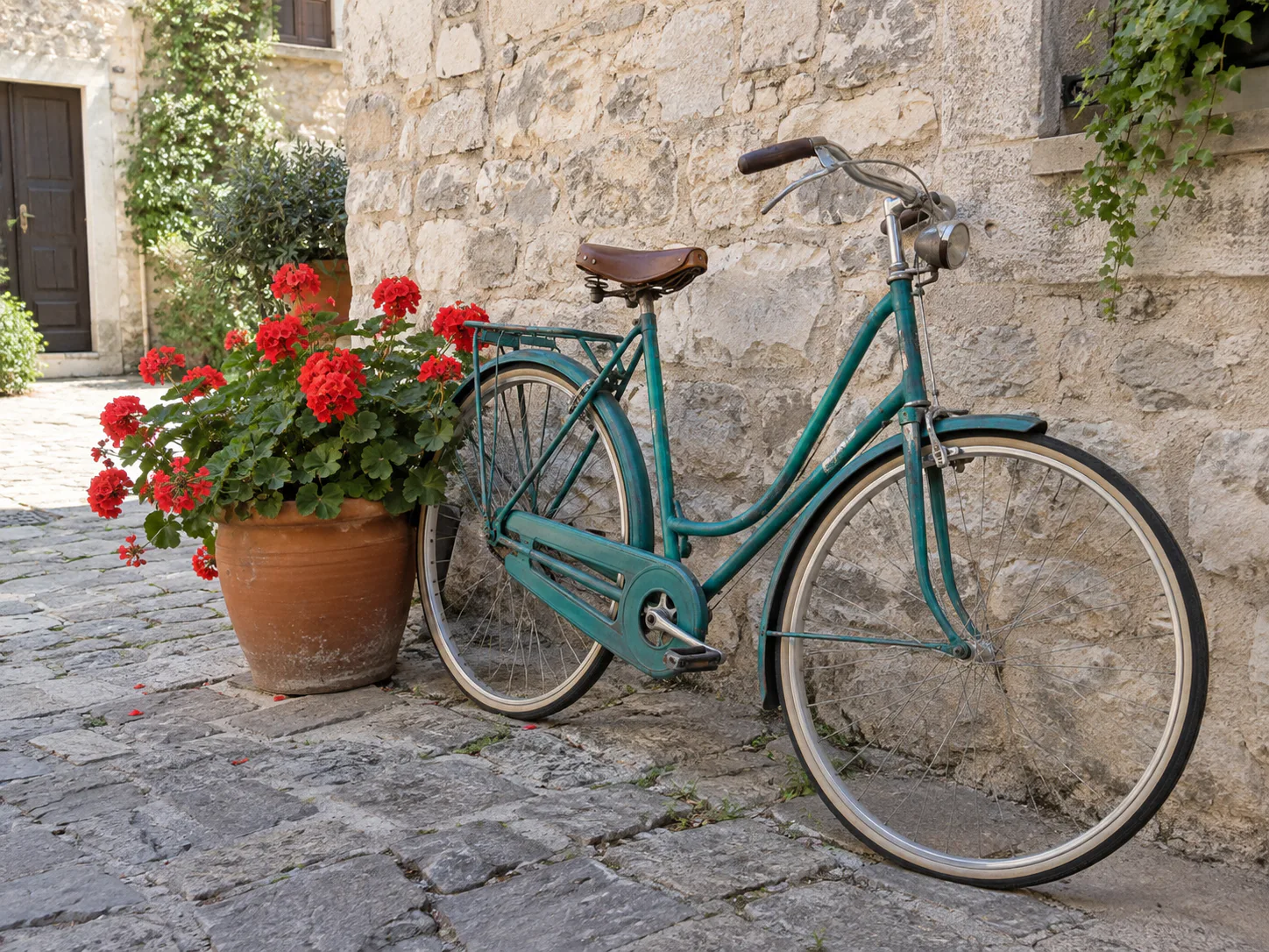 Foto en color de una bicicleta junto a flores y un muro de piedra