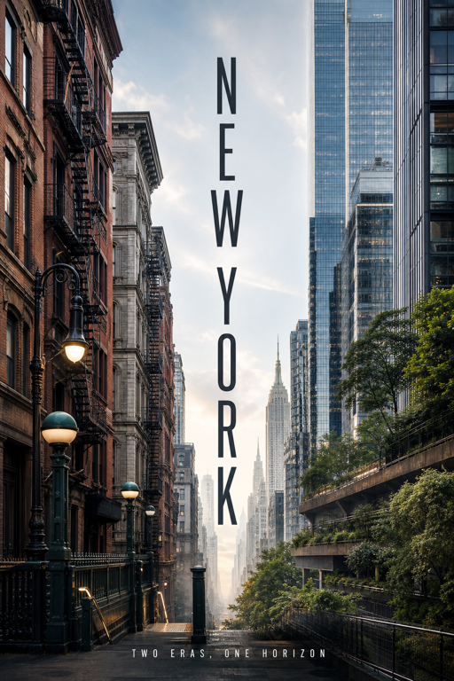 Two Worlds city poster template with contrasting urban scenes